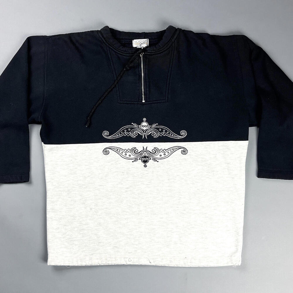 Vintage Women's Sweatshirt ,90's Black & White Quarter Zip Sweater w/ Embroidery - Picture 2 of 7